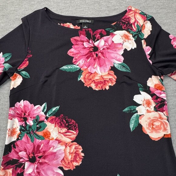 Roz & Ali Womens Black Floral Half Sleeve Dress Boat Neck Knee Length Size M - Picture 7 of 15